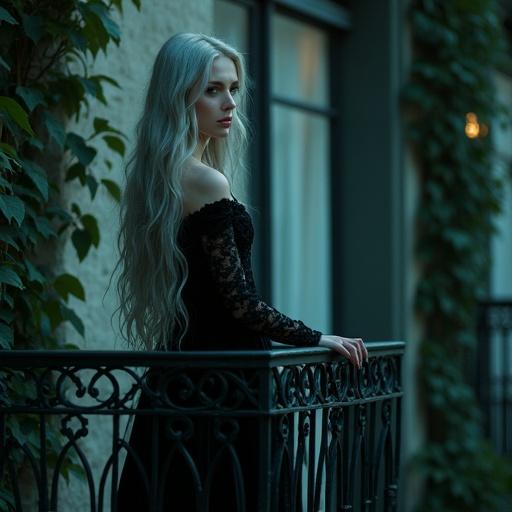 A breathtakingly beautiful mysterious woman stands on a balcony. She has long silver hair that glimmers in the moonlight. Her emerald eyes glow subtly as she gazes into the distance. She wears an elegant dark velvet gown with intricate embroidery. The scene is set against a textured wall of a neighboring house. It is framed by the sliding window and creeping ivy. Soft moonlight creates delicate shadows, enhancing the atmosphere.
