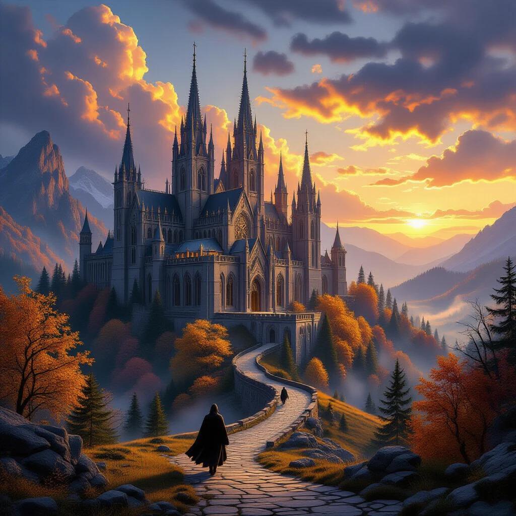 Epic fantasy landscape featuring a gothic cathedral with spires and towers. Surrounded by an autumn forest with fall colors and evergreens. A cloaked figure walks along a winding path toward the castle. Sunset lighting creates long shadows and depth. Misty fog drifts below. A stream with waterfalls flows over mossy rocks in the foreground. Highly detailed, cinematic composition.