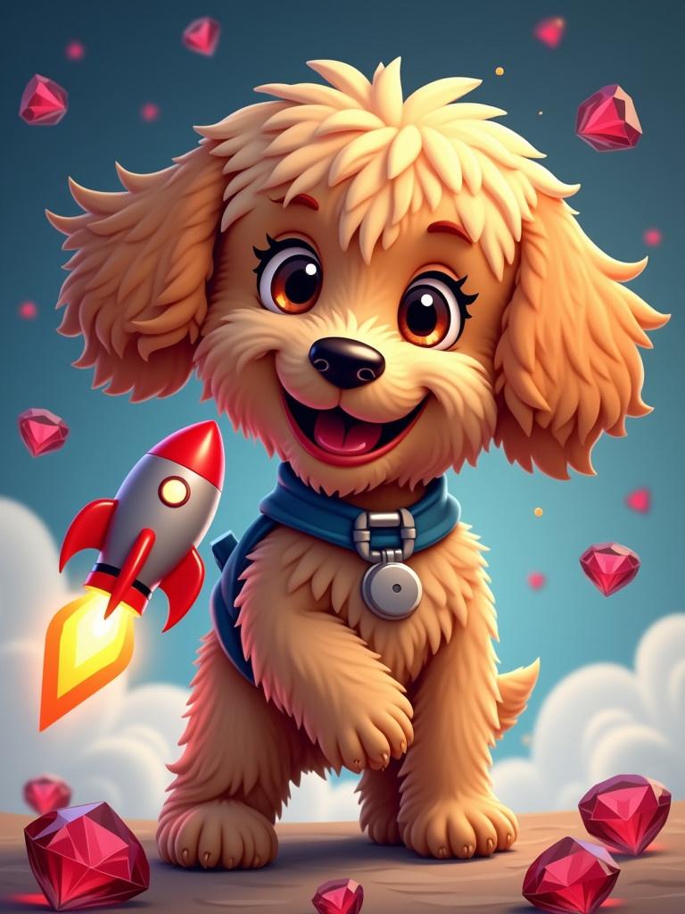 Cartoon style image of a cockapoo dog with diamond rubys in the background. Character is smiling enthusiastically. The rocket is red and gray with flames. Background must have diamond rubys. Focus on playful theme related to technology and money.