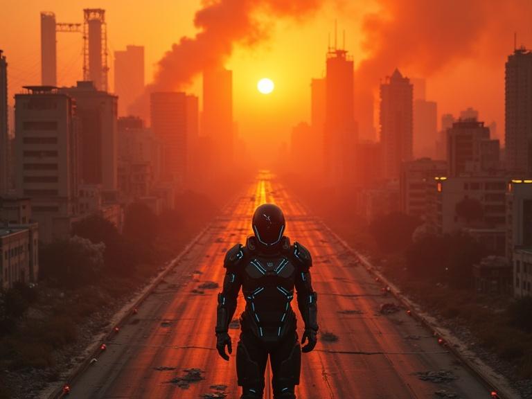 Breathtaking aerial shot above a post-apocalyptic megacity at dusk. Glowing ash-filled sky. Fractured superstructures and skeletal skyscrapers. Highways twisted and abandoned vehicles scattered. Heavy crimson-orange haze bathes the city. Drifting embers in the wind. Lone humanoid figure in matte-black armored exosuit with glowing cyan lines. Shattered visor revealing inner mechanisms. Weathered and layered in soot. Silhouette against dying sun. Foreground has drifting dust and scraps. Midground features cracked concrete and buried neon signs. Background shows collapsed arcologies and silhouetted power towers.
