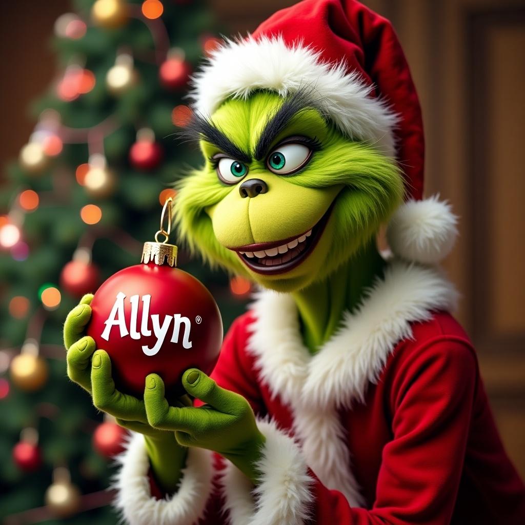 A character resembling the Grinch holds a red ornament. The ornament has a name. The background features a decorated Christmas tree. The character wears a Santa outfit.