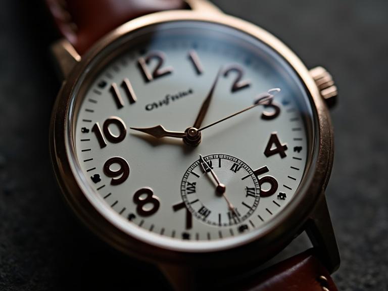 Close-up of an analog watch showing time as 20:15. Classic design with a white face, brown leather strap, and Arabic numerals. Suitable for highlighting luxury and craftsmanship.