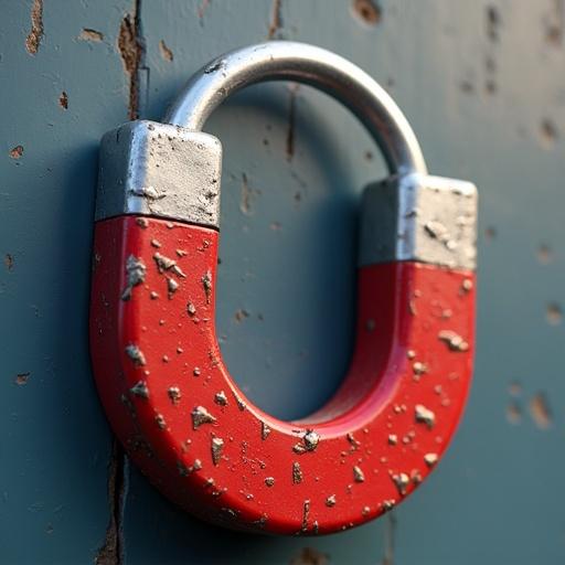 A close-up image of an old red magnet. The magnet has scratches and rust. It is positioned on a blue surface with peeling paint.