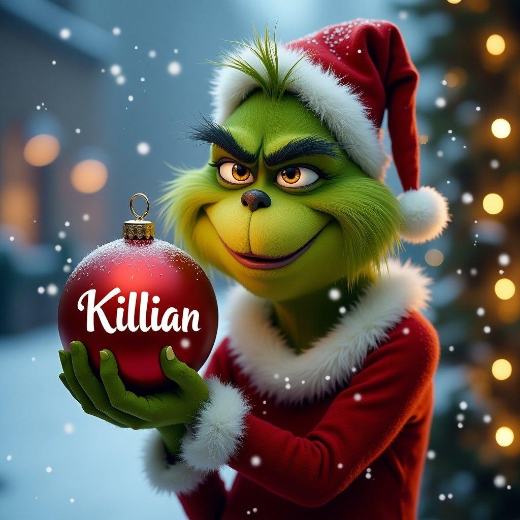 Grinch character holds a Christmas bauble. Snowy background with Christmas lights.