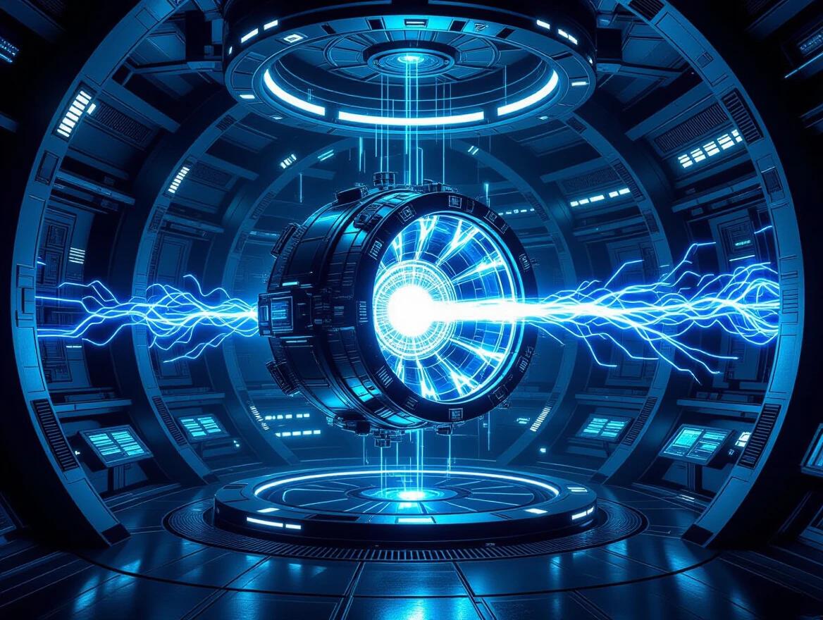 Futuristic sci-fi nuclear reactor core in high-tech underground facility. Glowing intense blue and white plasma energy with intricate sphere in center of vast chamber. Surrounded by advanced machinery, coolant pipes, and glowing energy conduits. Charged particles streams through transparent magnetic fields. Holographic control panels with alien-like fonts. Architecture has sleek metallic surfaces and glowing circuitry patterns. Cool ambient lighting in cyan, electric blue, and deep purple. Ultra-detailed, cinematic lighting, 8K resolution, isometric perspective.