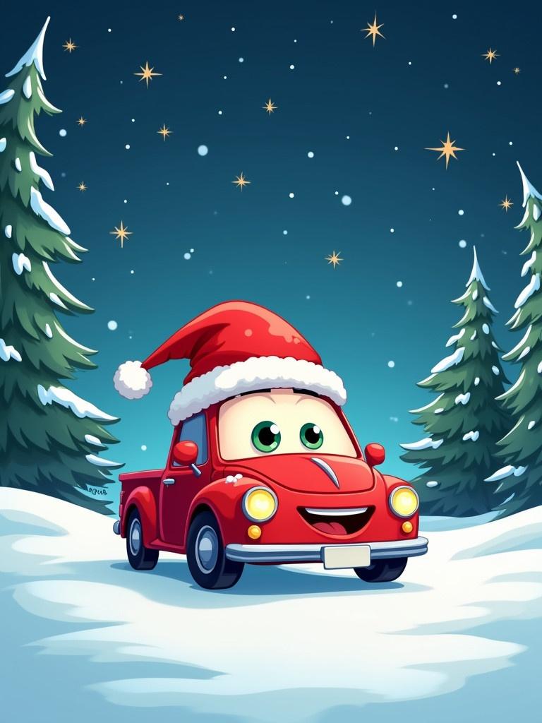 Cartoon red car with Santa hat in winter scene. Snow-covered ground and evergreen trees in background. Magical starry night sky. Text includes Sagar P Parmar and Associates.