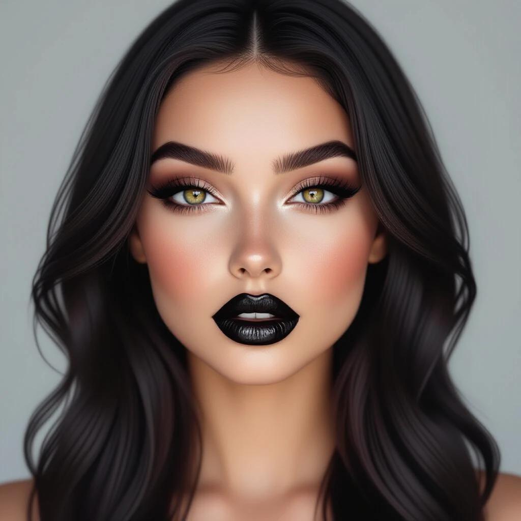 Realistic full-face portrait of a young gothic woman. Soft rounded face. Very full lips with glossy black lipstick. Bright black eyes with long eyelashes and bold eyeliner. Dark smoky eyeshadow. Smooth pale complexion with brown freckles. Long dark hair. Forehead visible. Plain neutral background. Highly detailed and realistic.
