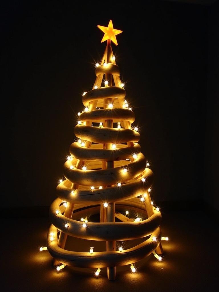 A creatively designed Christmas tree stands adorned with glowing fairy lights. The tree features a spiral shape made of wood and is capped with a bright star. The background is dim, emphasizing the warm lights. This setup suggests a modern twist on traditional holiday decor.