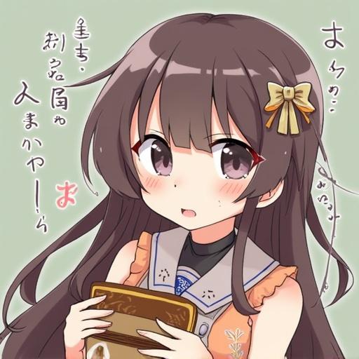 Anime girl with brown hair and a bow holding a book. She has large eyes and a cute expression, dressed in a detailed outfit. Background is softly colored.