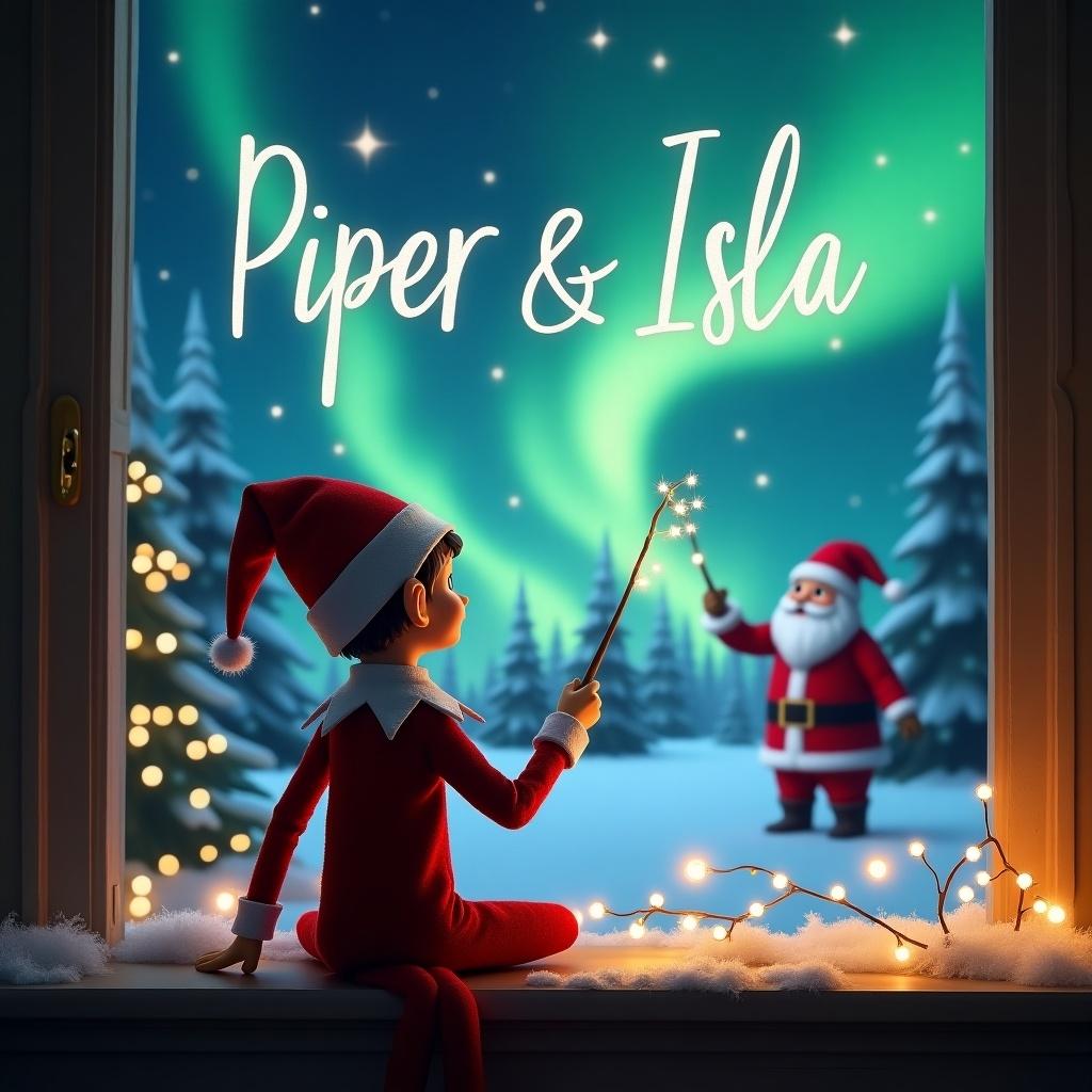 This enchanting image features an elf on the shelf, positioned with its back towards the viewer. The elf faces a stunning sky filled with vibrant northern lights. With a magic wand in its hands, it elegantly writes the names 'Piper & Isla' in the twinkling sky. In the background, Santa Claus stands, adding to the festive atmosphere. The scene encapsulates a magical Christmas vibe, perfect for holiday-themed content.