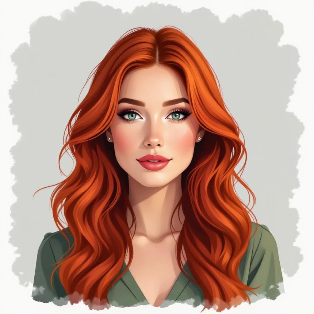 Long red hair frames her face. Hair flows smoothly with soft curls. Background is light and subtle. Emphasis is on the vibrant color of the hair and its styling. Illustration captures natural beauty.