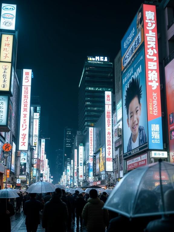 Photograph shows a vibrant bustling street at night, busy with people in a Japanese city. Tall illuminated billboards display colorful advertisements. City reflects bright lights in rain. People carry transparent umbrellas. Slightly desaturated atmosphere enhances urban feel.