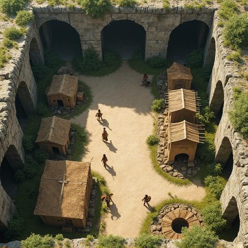 Top-down view of a post-apocalyptic bronze age village in a ruined city. Crumbled concrete and moss-covered asphalt frame the area. Overgrown railway arches act as walls. Primitive clay and wood buildings have thatched roofs. Villagers move through the square. Smoke rises from fire pits. Children play by a well. Fabrics are sun-bleached and loosely worn. Nature reclaims surfaces with grass and vines. Structures reflect raw survival.
