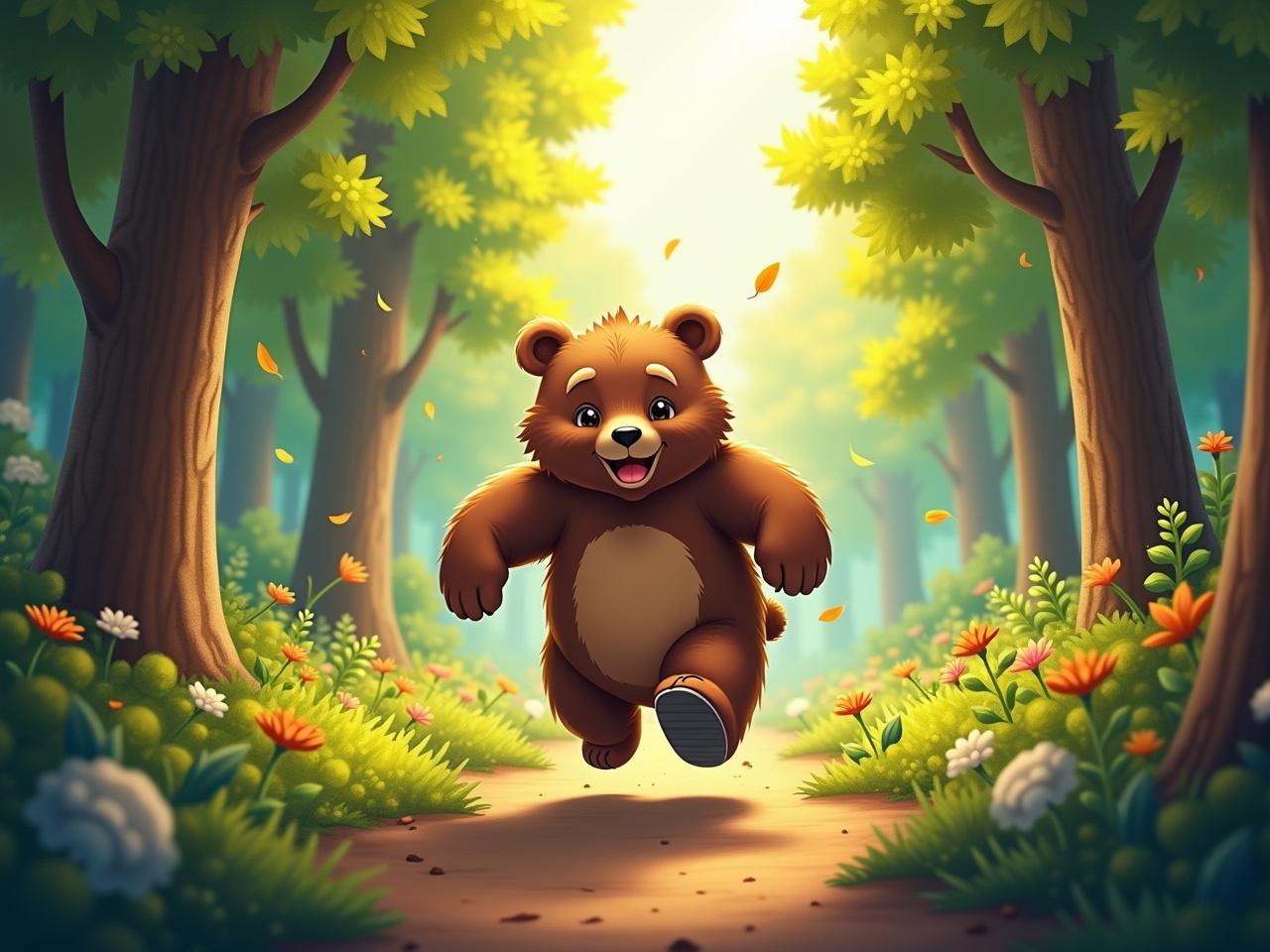 A bear runs through the forest, filled with vibrant green trees and colorful flowers. The sun shines brightly, casting playful shadows on the forest floor. The bear looks joyful and energetic, with its thick fur gleaming in the sunlight. It bounds over small bushes and maneuvers around tree trunks. Leaves flutter down around it, creating a magical atmosphere. This lively scene captures the essence of nature and adventure.