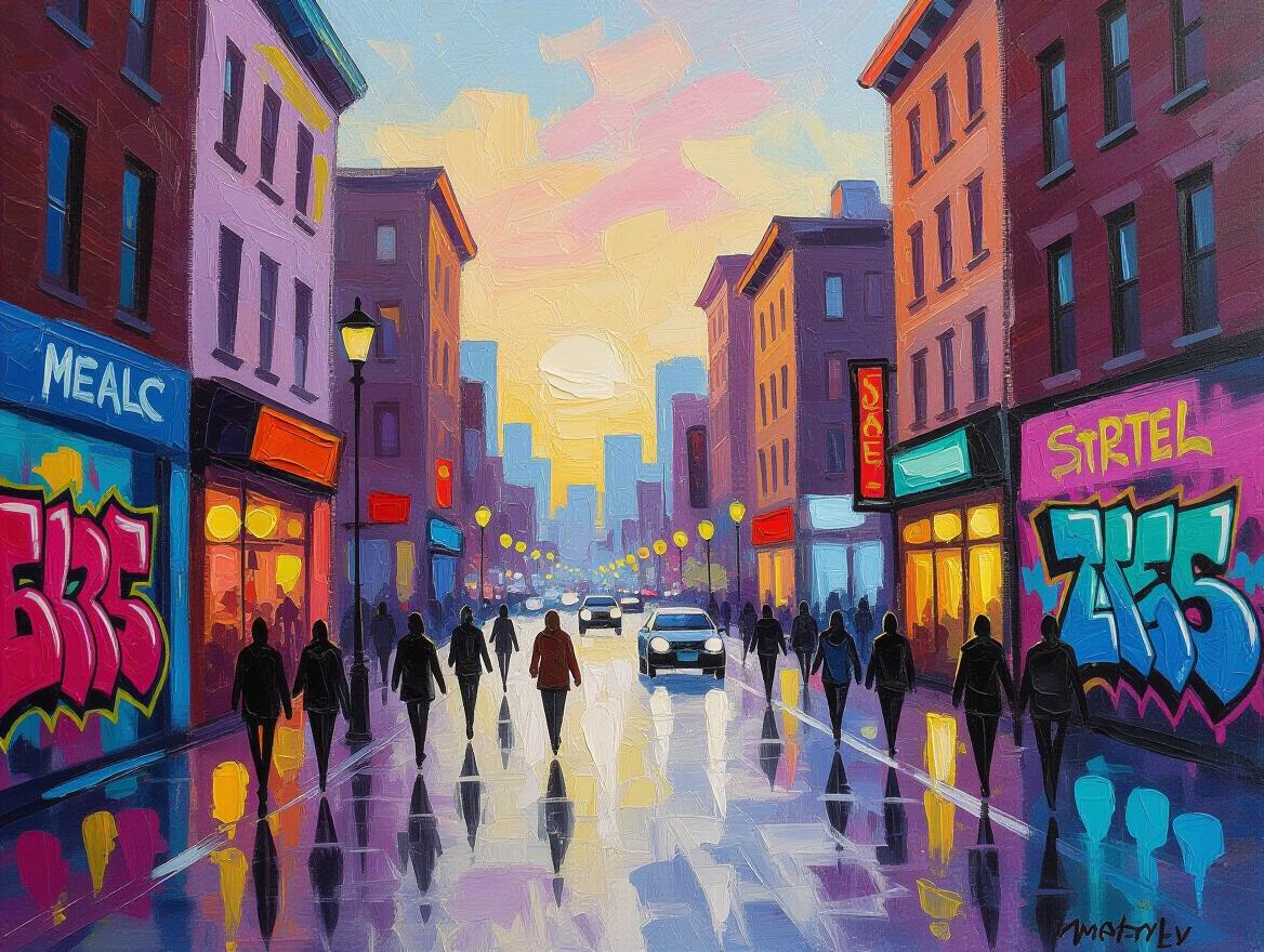 City street during golden hour. Impressionist painting style with brushstrokes. Urban graffiti overlaid on buildings. Bold spray-painted tags. Soft pastel colors for buildings. Blurred crowds in motion.