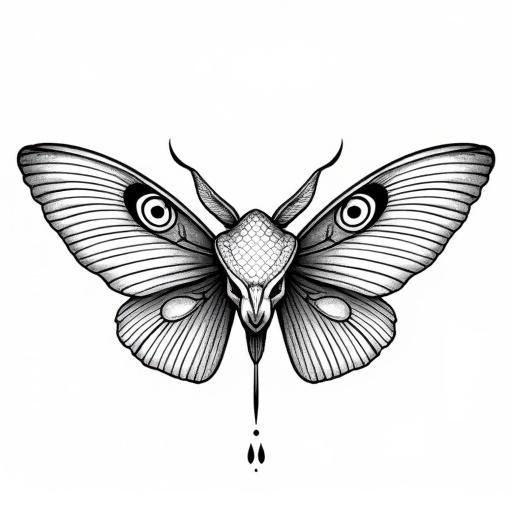 A detailed linework tattoo design for sternum placement. The design features a viper's head with a triangular shape, slit pupils, and visible fangs. Large moth wings grow symmetrically on each side of the snake's head. The wings have intricate lines and eye patterns. The composition is mystical and powerful. This design has clean, bold outlines on a white background.