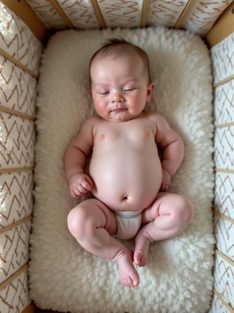 Baby lying in crib with a focus on the belly expansion. Comfortable setting with soft textures and natural light.