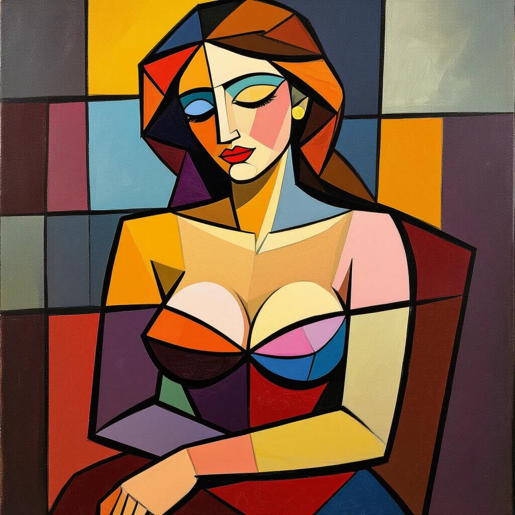 Cubist representation of a sensual woman. Bright colors used in geometric shapes. Focus on woman's face and body. Reflects desire and modern art style.