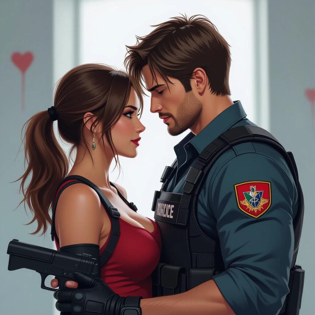 Claire Redfield kissing Leon Kennedy from Resident Evil. Female character has long hair and is wearing a red top male character wears tactical gear and holds a weapon. The background has subtle heart motifs. Overall tone is romantic and dynamic.
