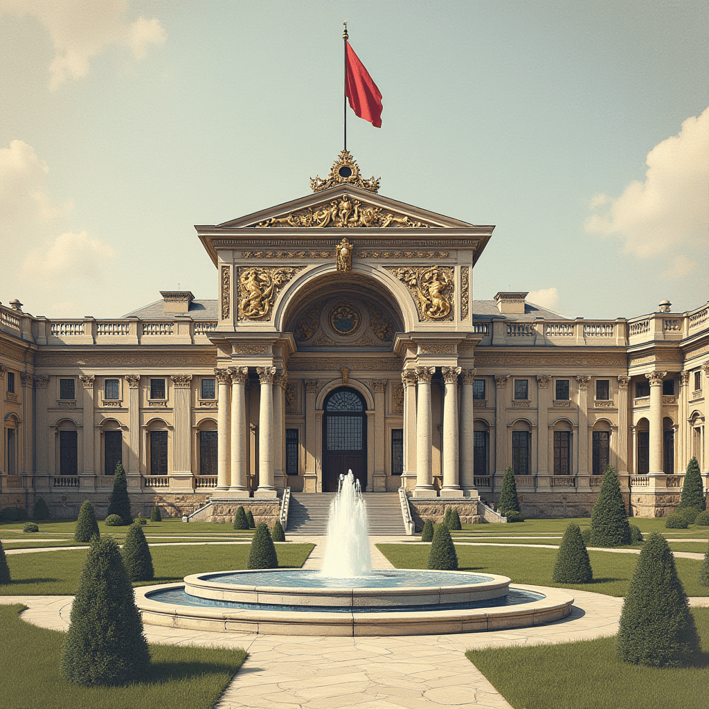 A majestic palace with a fountain and topiary in the foreground, adorned with ornate decorations and a red flag on top.