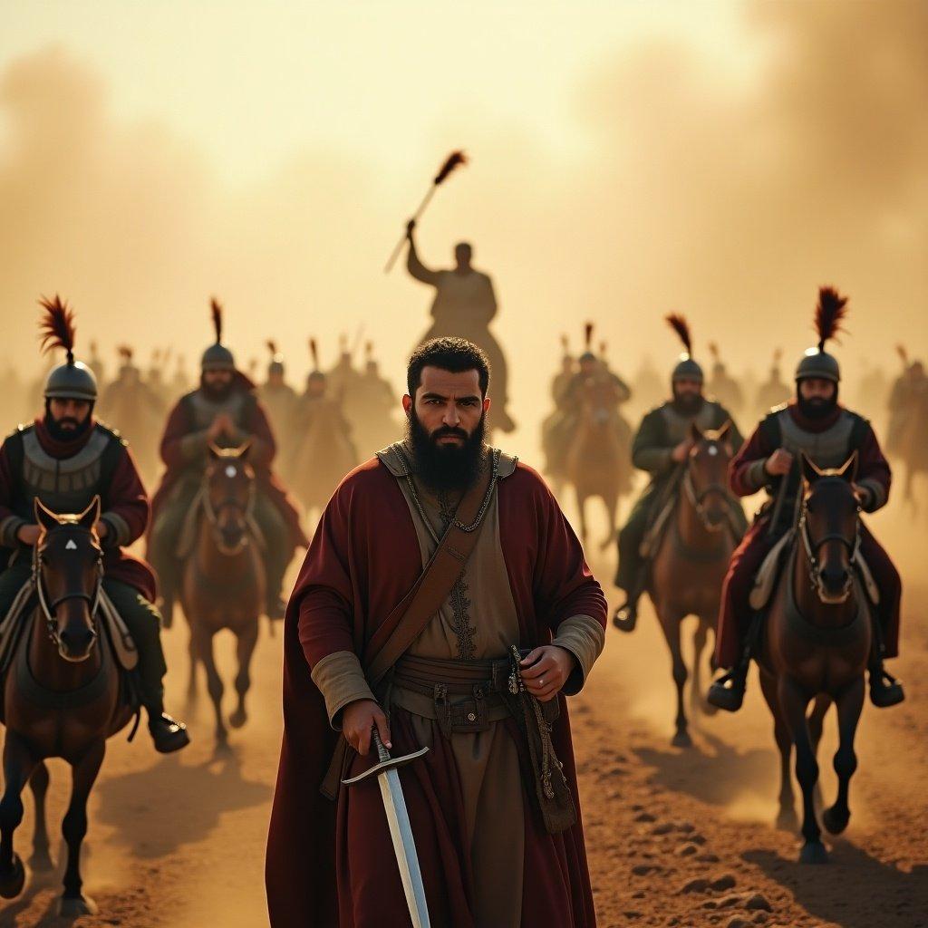 Amin stands among soldiers on a battlefield. War drums fill the air. He grips his sword tightly. Cavalrymen charge forward. Dust clouds rise around them. Amin shouts encouragement. The ground trembles beneath galloping horses. Arrows whistle overhead. Nader Shah rallies troops in the background. Swords clash in the chaos. Amin moves determinedly towards the enemy.