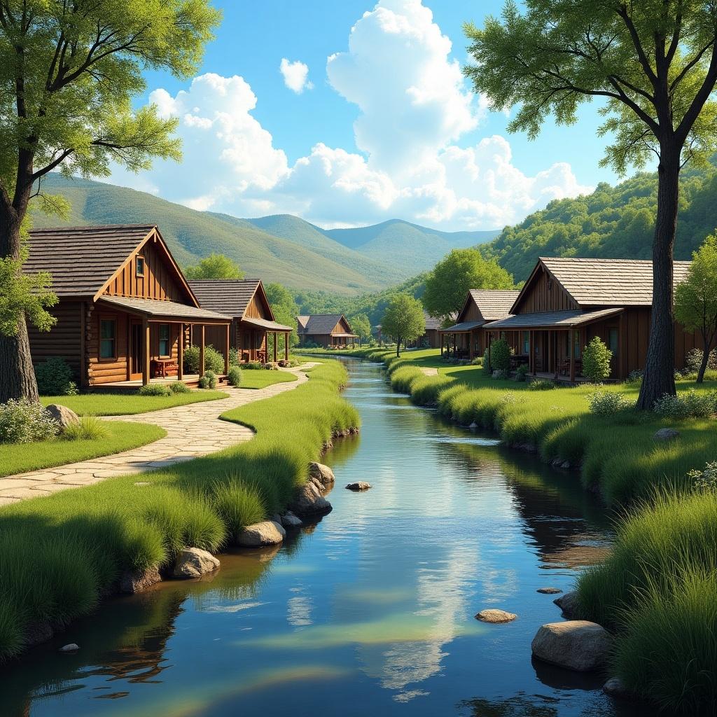 A serene landscape depicting wooden cottages along a river. Lush green grass surrounds the homes, set against rolling hills and mountains under a bright blue sky with fluffy clouds.