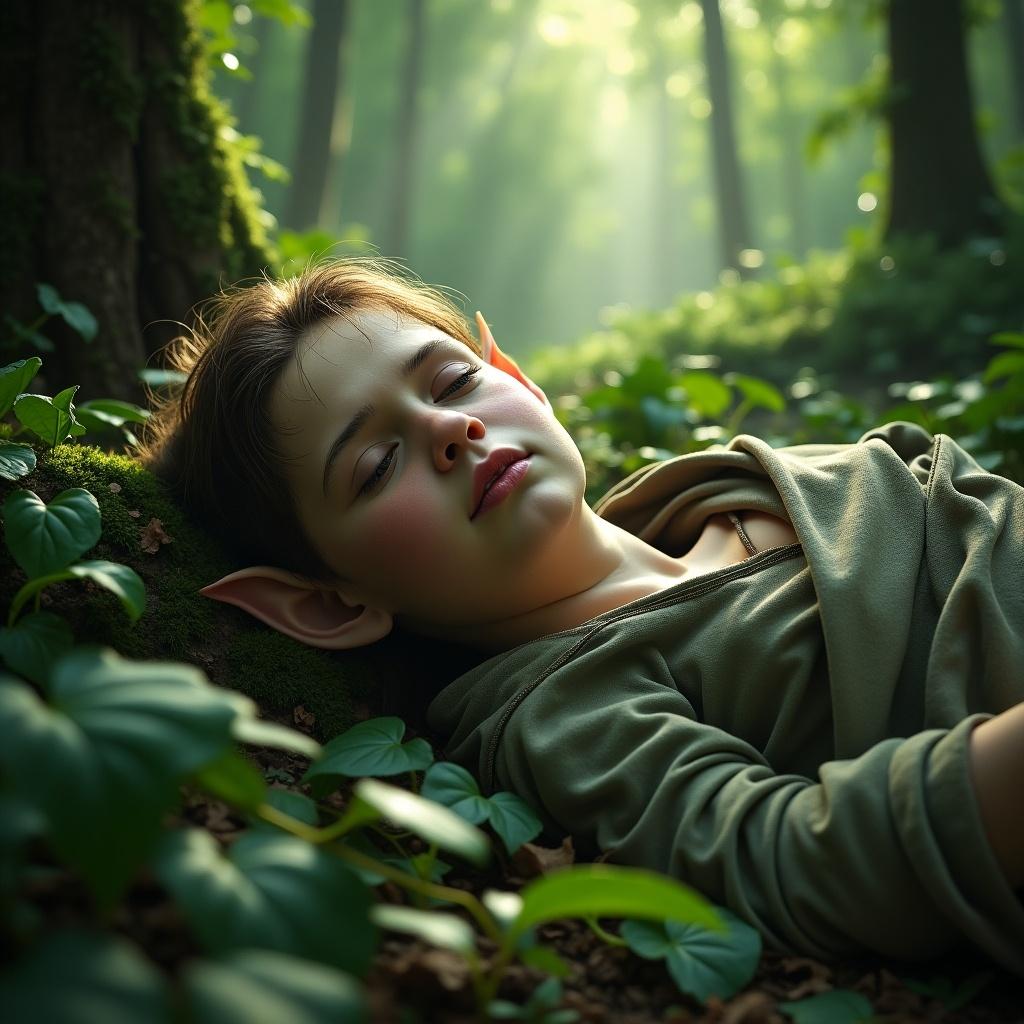 An elf lying on the forest floor, appearing sick. Lush green foliage surrounds the elf. Soft sunlight filters through the trees, creating a tranquil atmosphere. The elf has pointed ears and is wearing earthy-toned clothing. The scene conveys a sense of tranquility despite the elf's condition.