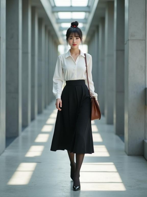 Full-body image of an East Asian female agent walking gracefully in a modern corridor. Outfit includes a crisp white blouse and black knee-length skirt. She wears black pantyhose and closed-toe heels. A brown satchel is slung over her figure. Her hair is neatly bunned with a small red bow. Softly lit background creates a contemporary feel.