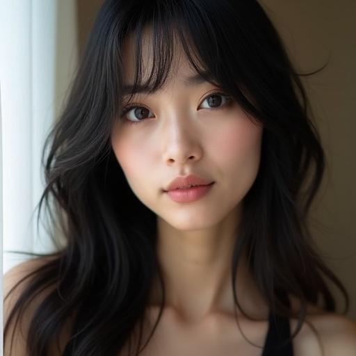 Realistic photo of a young woman 20 years old of Japanese descent with clear skin and long brown hair. She has dark brown eyes and no makeup. Photo designed for Instagram.