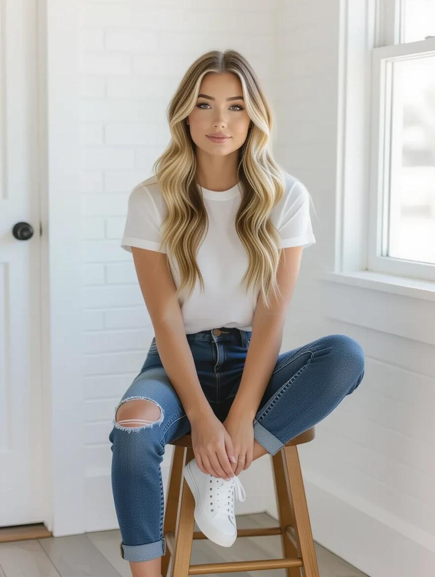 High-quality medium shot photograph of a young woman sitting on a wooden stool in a brightly lit room. Natural lighting from a window provides a clean and bright look. Long wavy blonde hair styled with a sheer white t-shirt and ripped dark blue jeans. One leg crossed over the other with her right hand on the stool and left hand on her knee. Background includes a white brick wall and a white door. Small white shelf with shoes and a black handbag. Light wooden floor. Eye-level camera angle with shallow depth of field focusing on the woman.