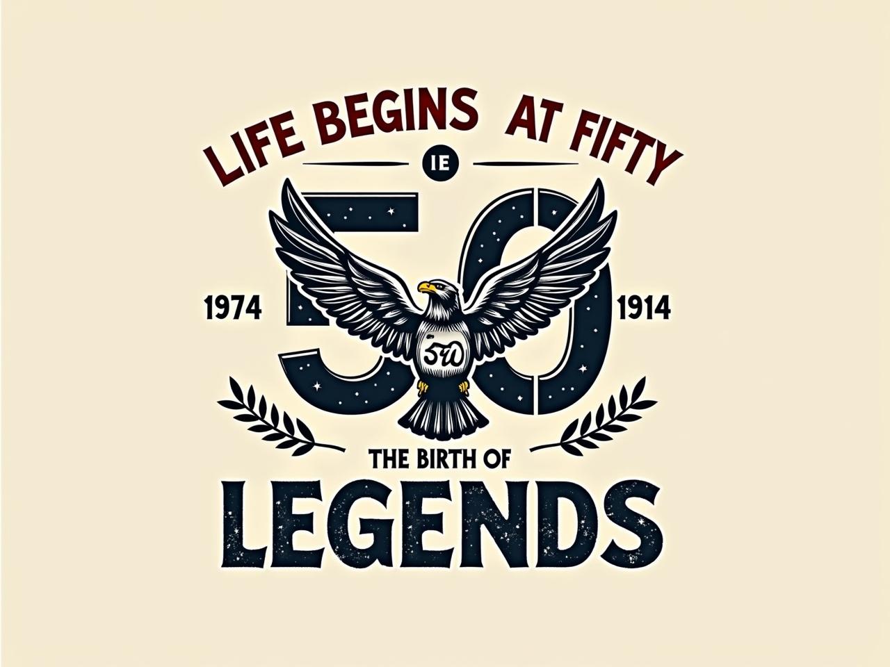 This image features a stylish graphic design celebrating 50 years. It prominently displays the phrase "LIFE BEGINS AT FIFTY" at the top, written in bold, vintage-style lettering. Below this, the year "1974" is highlighted, marking the significant year of birth. In the center, an eagle graphic is shown, symbolizing strength and heritage, with the number "50" integrated into its design. At the bottom, it declares "THE BIRTH OF LEGENDS" in large, distressed letters, adding to the overall celebratory theme of reaching a milestone age.