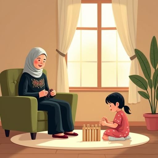 Cozy flat-style cartoon illustration of a warm room with sunlight. An elderly woman sits in an olive green armchair crocheting. A young girl builds a wooden house on the floor. The room has off-white curtains, a potted plant, and a round rug.