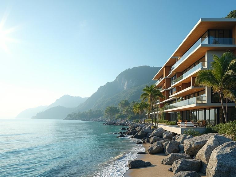 A seaside resort hotel next to the beach under bright sunshine. The building is positioned on the right side of the image. The scene is captured in the daytime with a wide-angle perspective in an architectural photography style. Aspect ratio is 16:9.