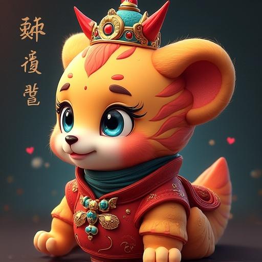 Generate an image of a cute character inspired by traditional Chinese herbs. Include bright colors and whimsical features. Show character wearing royal attire with details that reflect cultural significance.