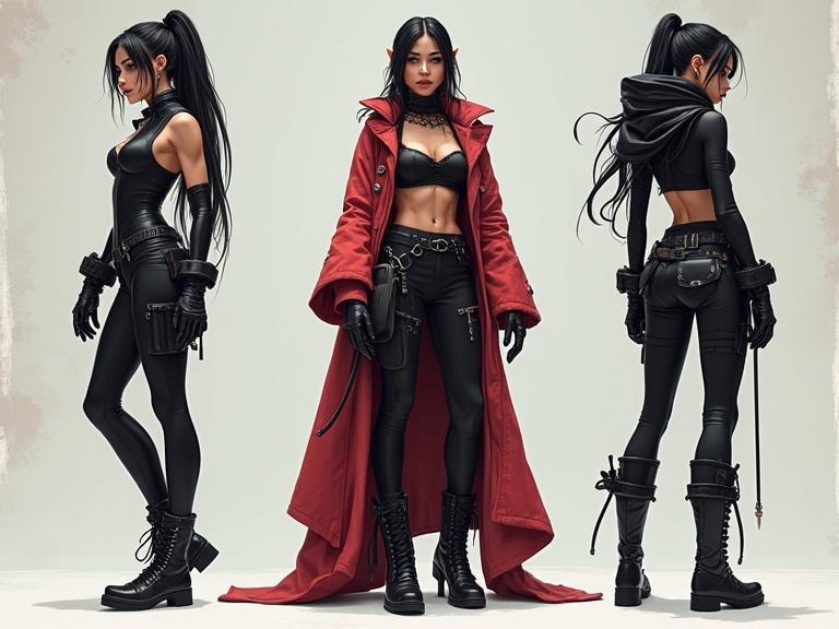 Stylized female cyberpunk character. Athletic build. Poses A shown. Three angles: frontal, rear, and side. Character sheet style.