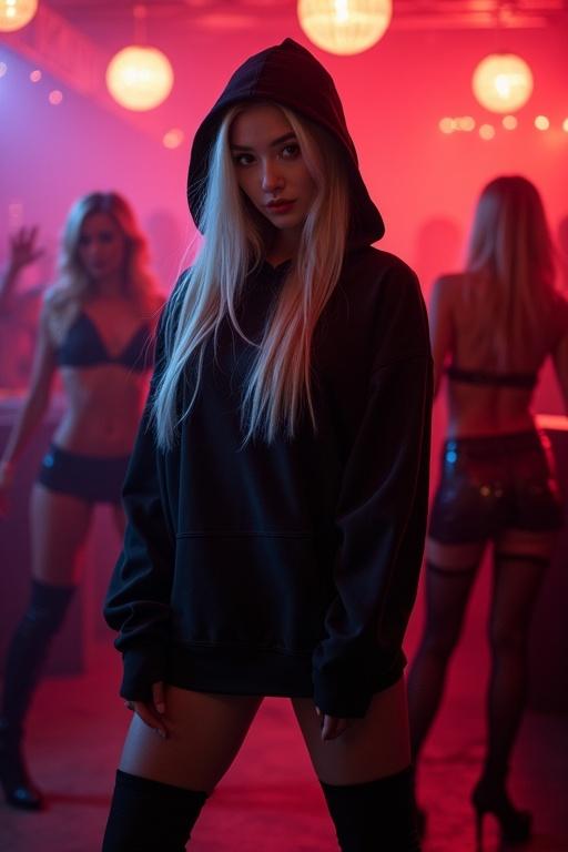 Young Chinese woman with long blonde hair in a hooded black transparent latex sweatshirt posing in a nightclub. The background features women dancing in a vibrant setting.