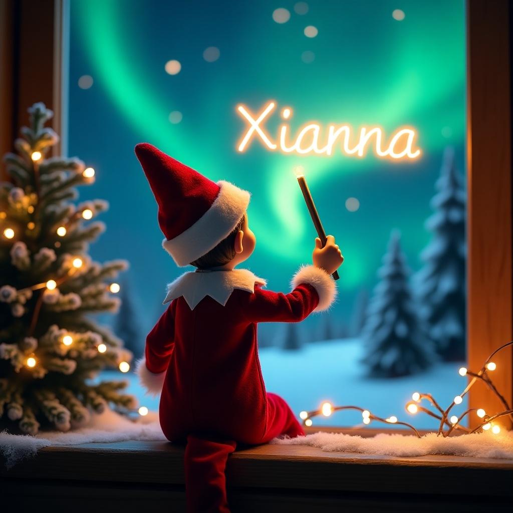 An enchanting Christmas scene featuring an elf on the shelf, who is facing the sky with his back to the viewer. The elf, dressed in red and white, wields a magic wand, writing 'Xianna' in a glowing script above him. The backdrop is adorned with vibrant northern lights, adding a magical ambiance. The scene is festive, portraying the spirit of Christmas with a whimsical twist. The elf's position and action create a sense of wonder and excitement that captures the joy of the holiday season.