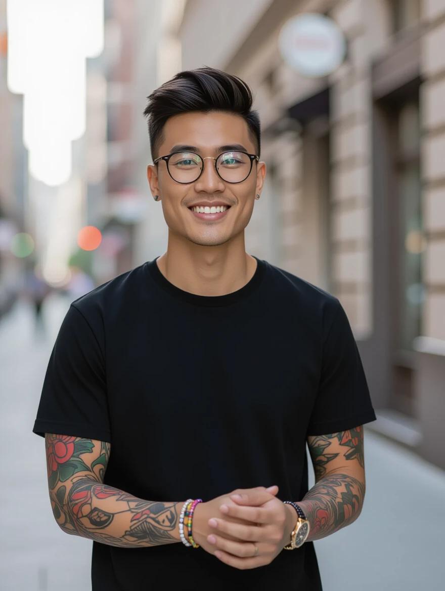 Young stylish Asian man with short black hair wears a black T-shirt and wrist bracelets. He stands in an urban setting during daylight. Both arms are decorated with colorful tattoos. The clothing has a smooth appearance and the style is clean and simple.