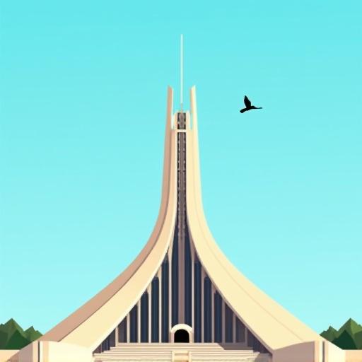 Flat vector graphic of the Cathedral of Brasília designed by Oscar Niemeyer. Structure shown with iconic curved columns reaching upward under a clear blue sky. Includes minimalist silhouette of a bird flying. Uses simple shapes and bold colors without textures or gradients.