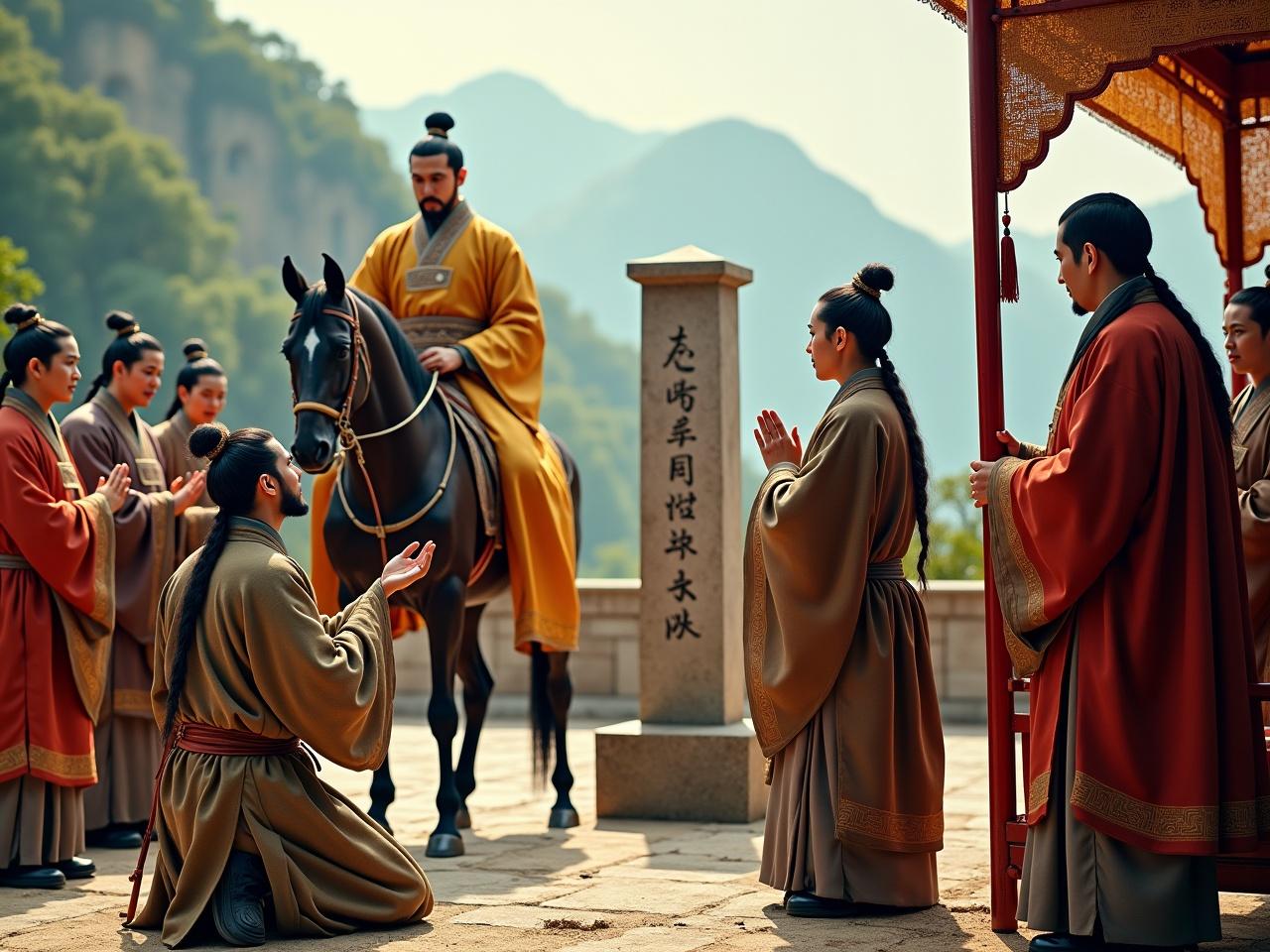 Generate a hyper-realistic photo capturing a pivotal moment in ancient Chinese history. On the left, a 35-year-old man kneels, his humble yet dignified robe in earthy tones, bidding farewell to the Emperor, who sits atop a majestic horse. The kneeling man has a neatly groomed scholar’s beard, featuring a pointed goatee and a thin, slightly curved mustache, symbolizing his status and wisdom. Beside him, attendants in muted red and deep brown robes stand respectfully, reflecting their modest status and rugged journey. The emperor, youthful and exuding authority, is adorned in a luxurious golden robe with intricate embroidery and a tall ceremonial crown. His clean-shaven face emphasizes his vigor. Surrounding him, attendants in vibrant red and gold robes maintain a calm demeanor, conveying their higher-ranking status. One attendant holds a square imperial canopy with flowing tassels, enhancing the regal atmosphere. In the center, a stone stele with partially visible inscriptions adds historical depth, while lush greenery and distant mountains evoke a sense of grandeur. The lighting is soft yet dramatic, emphasizing the intricate details of the scene.