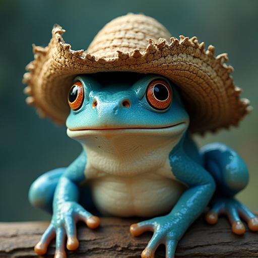 A blue frog has a straw hat. The frog looks charming and playful. The background is natural and blurred.