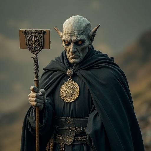A character resembling Sauron from the Lord of the Rings holds a selfie stick in a dark and ominous landscape representing Mordor. The character wears a dark cloak and a unique detailed amulet. The scene is set amidst a dramatic background of mountains and shadows.