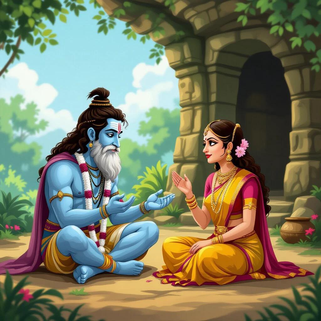 Illustration depicting Sudhama and his wife engaging in a conversation. They are in a mythological setting. Sudhama appears poor with simple clothing, while his wife is dressed elegantly. The background includes a natural stone structure with greenery.
