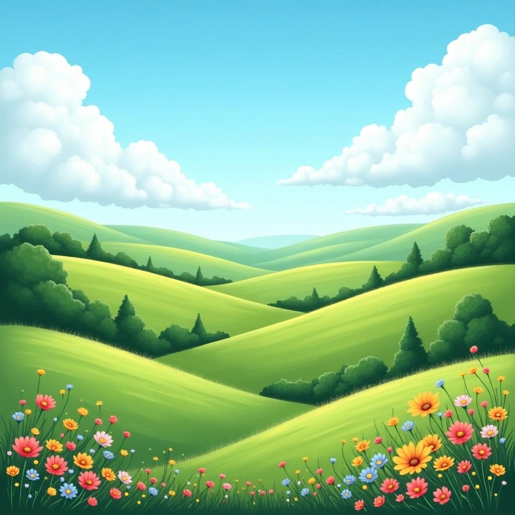 Vibrant cartoon-style illustration of rolling green hills with colorful flowers in the foreground. Blue sky with fluffy clouds. Peaceful and cheerful nature scene.