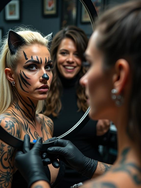 Close-up shot in a tattoo studio featuring two women. One woman has elaborate tiger makeup and tattoos. She gazes into a mirror. The second woman, smiling, holds a tattoo gun. Soft focused lighting highlights the artistic creation atmosphere. Background hints at tattoo artworks.
