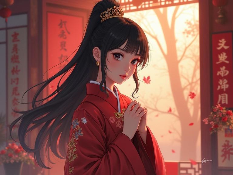 Mysterious figure stands in front of a traditional Chinese building in a vibrant red dress. Hair flows elegantly down the back. Soft light enhances the serene atmosphere. Surrounding environment shows hints of autumn leaves. Background includes traditional decorations and architecture.