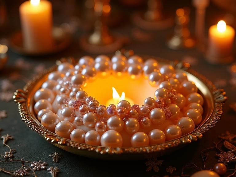 A stunning display of pearls arranged on a golden platter. A candle glows gently in the center. The scene has a baroque and Rococo inspired ambiance with soft lighting.