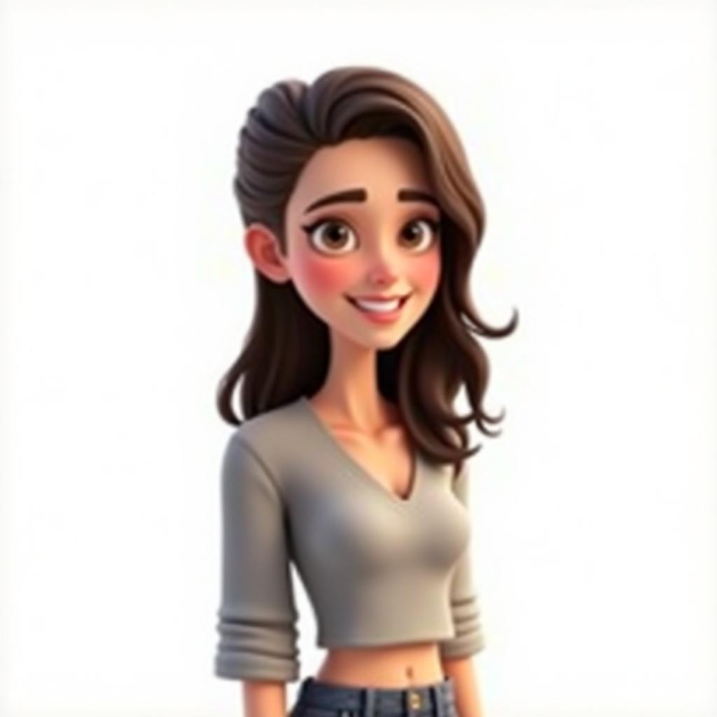 The image features a cartoon character of a young woman in her 20s with long hair styled in a micro side cut. She has a friendly smile and is wearing basic casual clothing. The background is plain white, making her stand out. The character is designed in a realistic 3D style, appealing and approachable. This design captures a youthful energy and modern aesthetic.