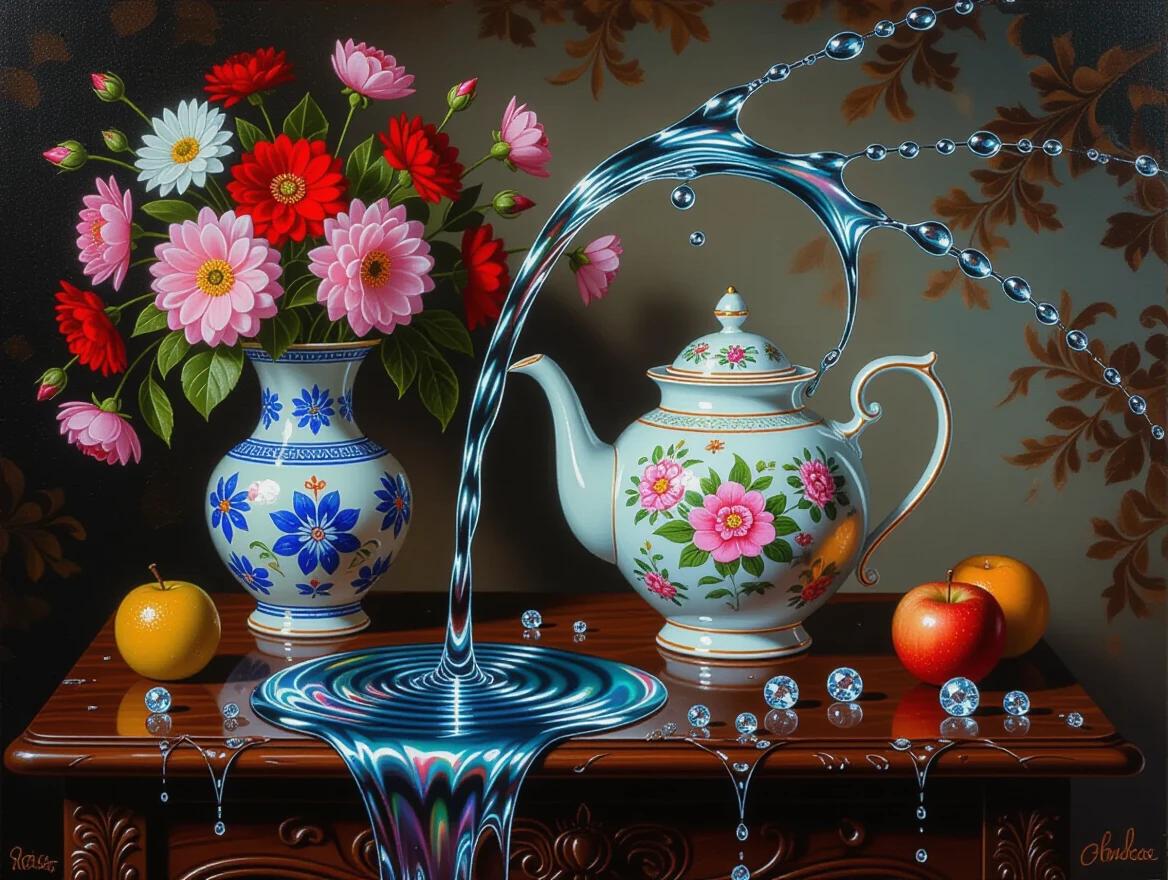 Surrealist still life oil painting on a dark carved wood table with elegant porcelain teapot and vase of flowers. Teapot spout pours cosmic holographic liquid with stars. Scene includes fruit and gems. Magical and infinite feel. Teapot and table illuminated by flowing stream.