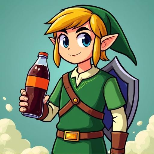 Cartoon character Link stands in a playful pose. He holds a soda bottle. Link is dressed in green attire with a cap. The background is a light green color with soft clouds. The style is colorful and youthful.